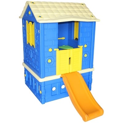 Детска къща с двойна врата и пързалка - синя