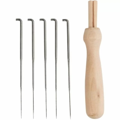Дървена дръжка за игла за филц + 5 игли