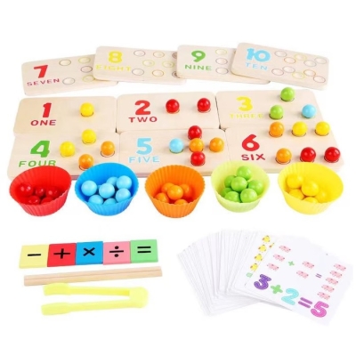 Игра за броене с цифри, цветни топчета и пинсета
