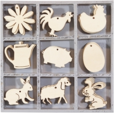 Дървени фигурки: Великден и Домашни животни, кутия с 45 броя