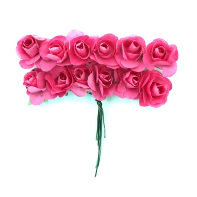Букет рози от хартия и тел 20 мм-ТЪМНОРОЗОВИ, 12 броя