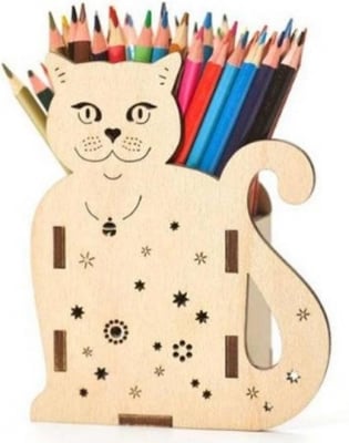 Дървен моливник за оцветяване - Котка 9.5х6х12.5см