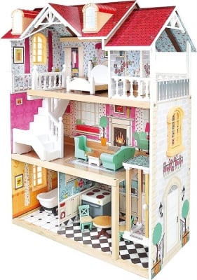 Bino Дървена къща за кукли на 3 етажа