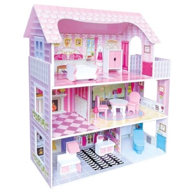 Bino Дървена къща за кукли на 3 етажа, розова