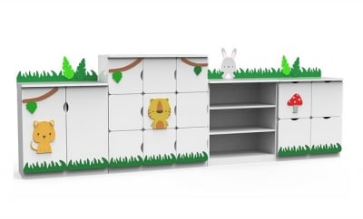 Секция  Джунгла (2 шкафа с вратички, 1 етажерка и 1 шкаф с чекмеджета)