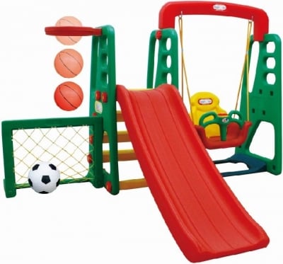 Kът за игра - Пързалка с футболна врата, баскетболен кош и люлка, зелен цвят