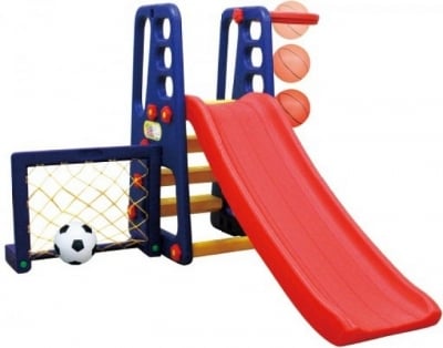 Kът за игра - Пързалка с футболна врата и баскетболен кош, син цвят