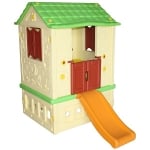 Детска къща с двойна врата и пързалка - жълта