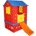 Детска къща с двойна врата и пързалка - червена