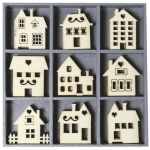 Дървени фигурки: Къщички, кутия с 45 броя